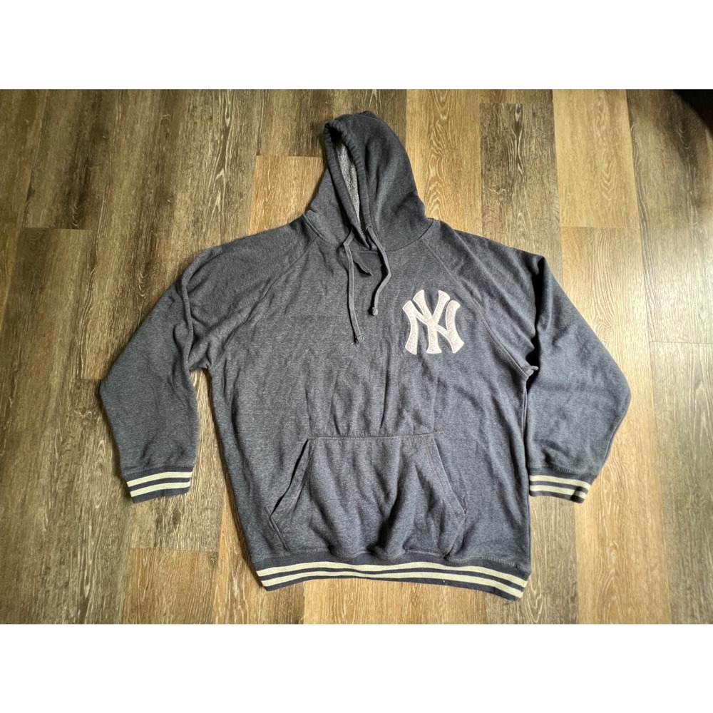Stitches NY Yankees Hoodie Mens 2XL Grey Good MLB Raglan Striped Sweatshirt